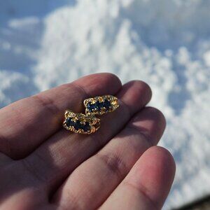 14K Yellow Gold 3 Stone Sapphire Cluster Drop Earrings 14x7mm